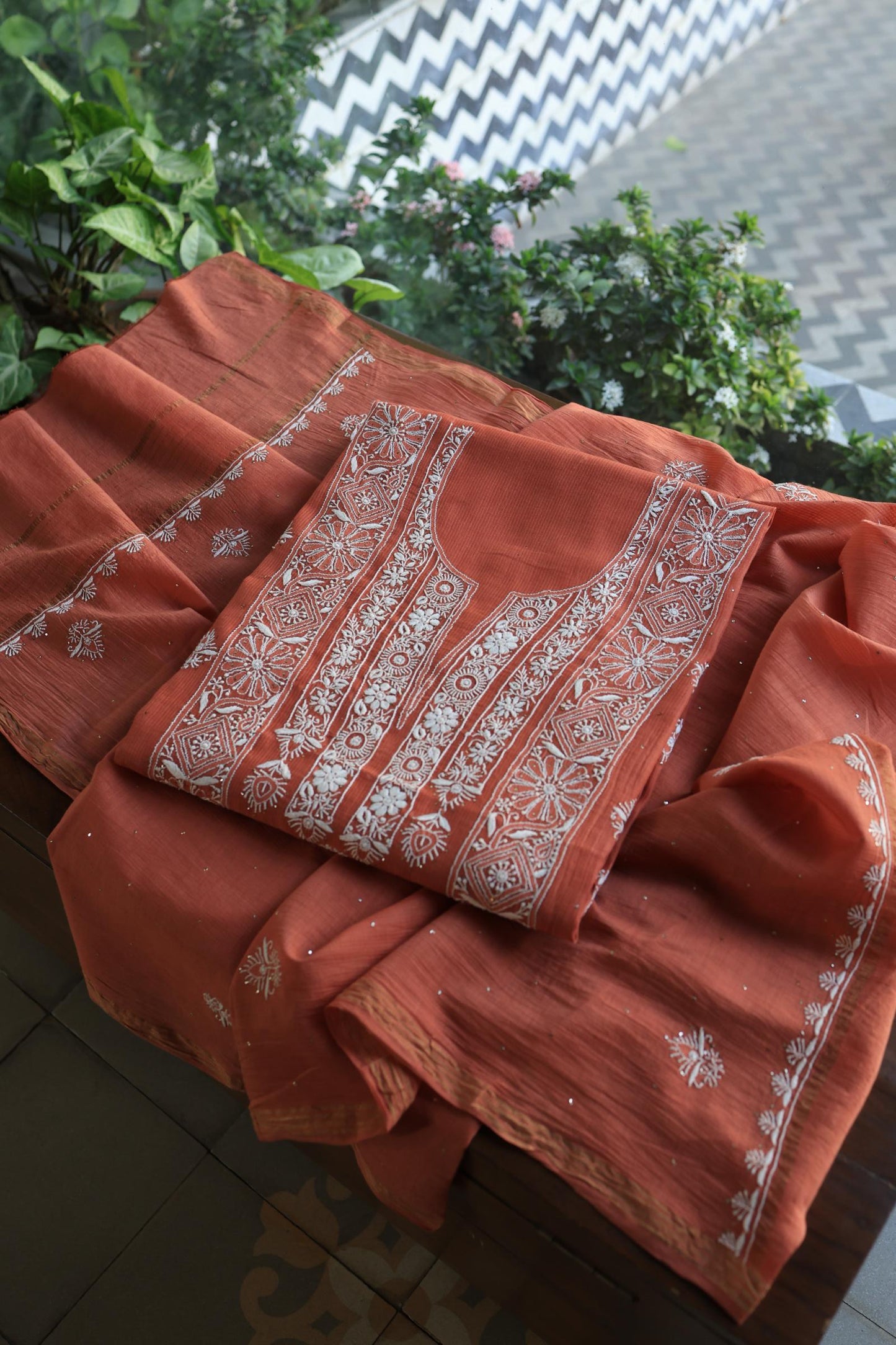 Dusky Rose Shade Mal Cotton Fine Chikankari With Kamdani Work Unstitched Fabric
