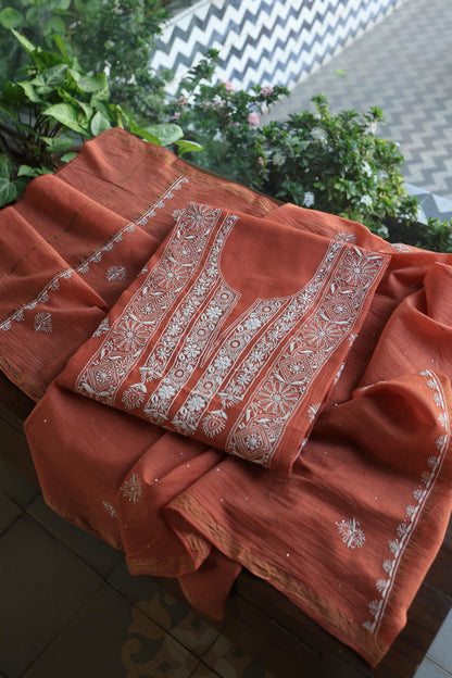 Dusky Rose Shade Mal Cotton Fine Chikankari With Kamdani Work Unstitched Fabric