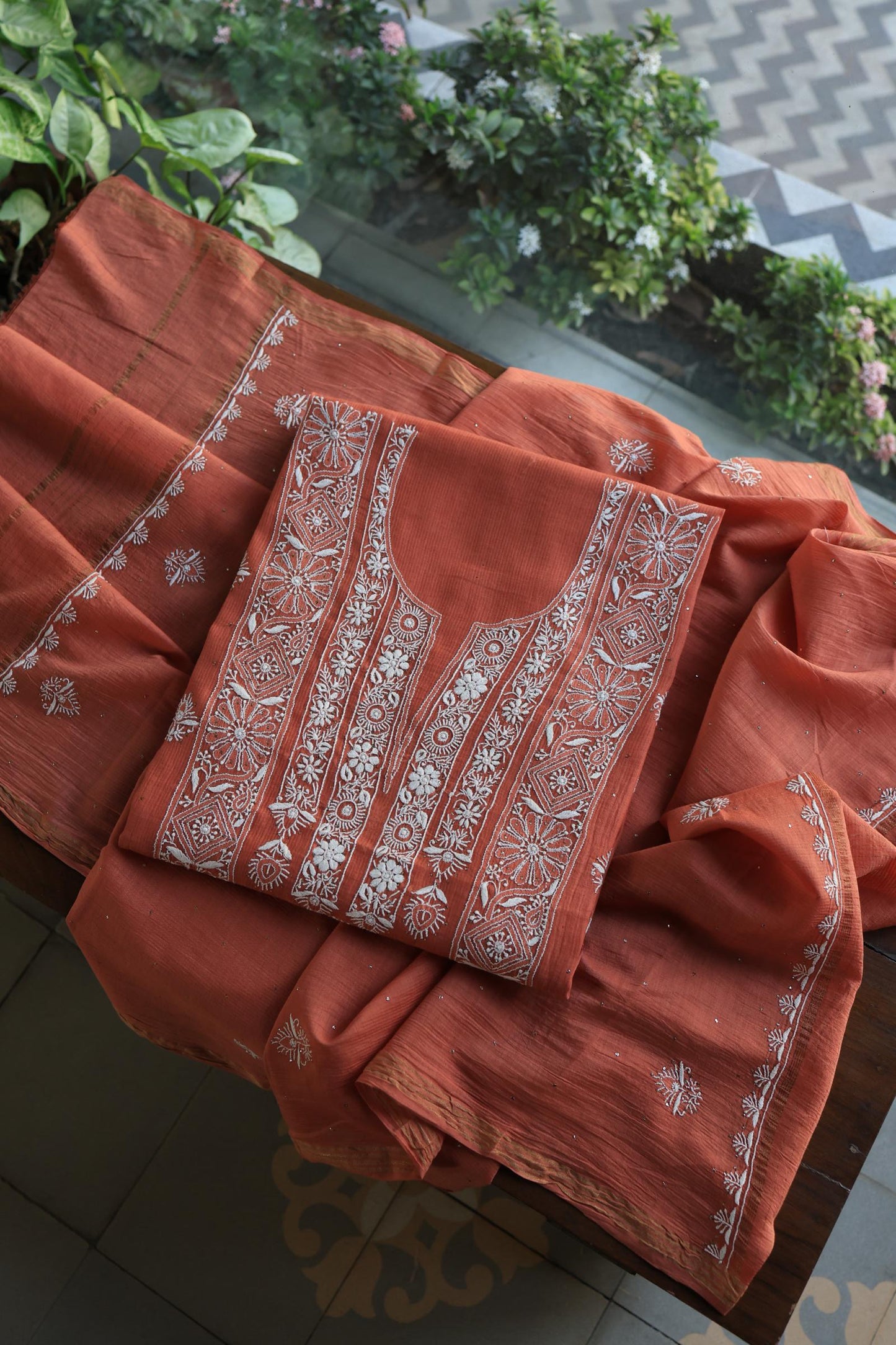 Dusky Rose Shade Mal Cotton Fine Chikankari With Kamdani Work Unstitched Fabric