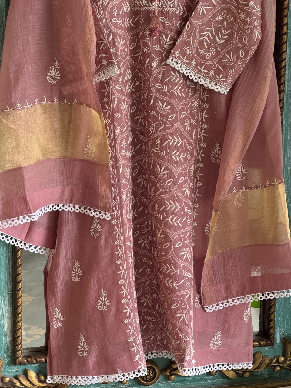 Dusky Rose Shade Malmal Straight Cut Chikankari Kamdani Kurta Set