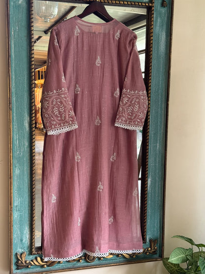 Dusky Rose Shade Malmal Straight Cut Chikankari Kamdani Kurta Set