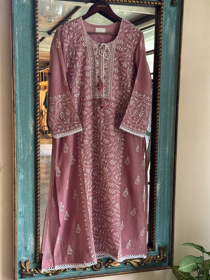 Dusky Rose Shade Malmal Straight Cut Chikankari Kamdani Kurta Set