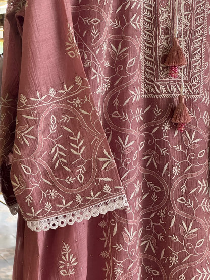 Dusky Rose Shade Malmal Straight Cut Chikankari Kamdani Kurta Set