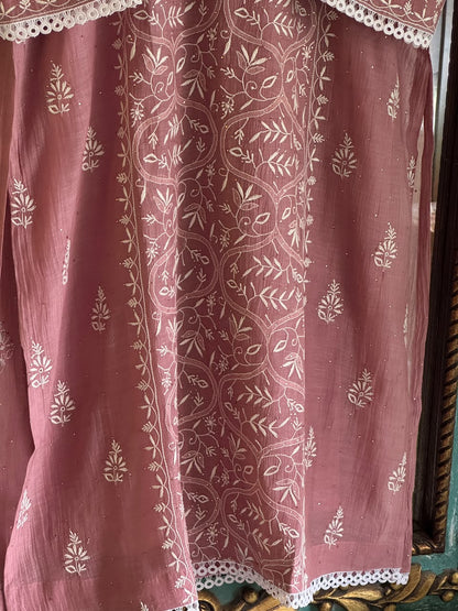 Dusky Rose Shade Malmal Straight Cut Chikankari Kamdani Kurta Set