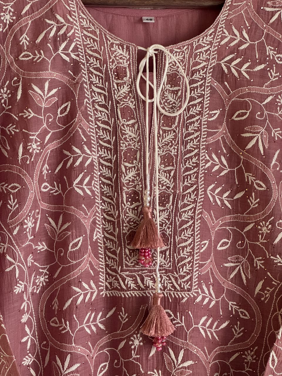Dusky Rose Shade Malmal Straight Cut Chikankari Kamdani Kurta Set