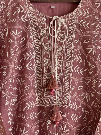 Dusky Rose Shade Malmal Straight Cut Chikankari Kamdani Kurta Set