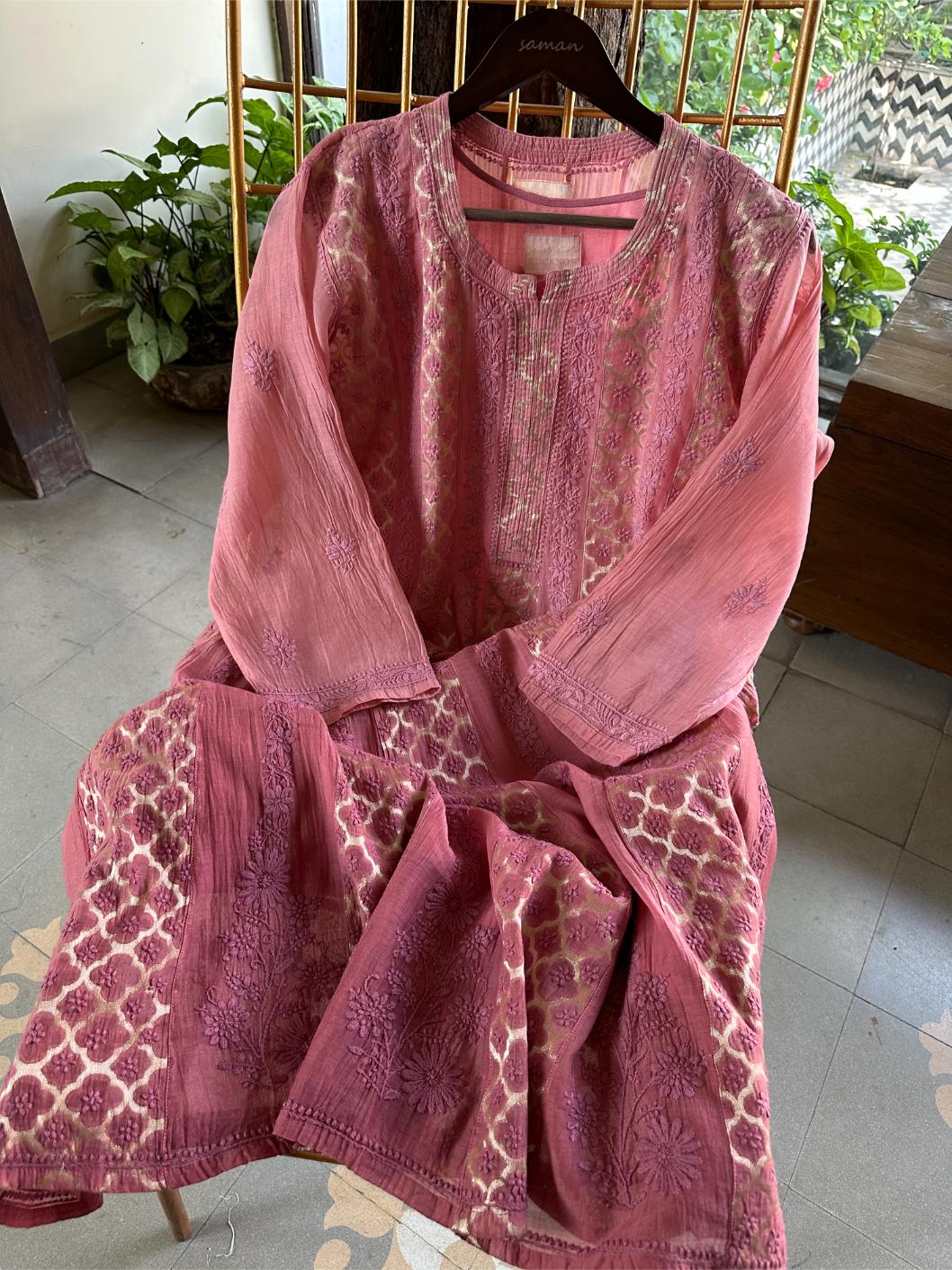Dusky Rose Shade Zari Chanderi Chikankari Ready to Wear Tunics