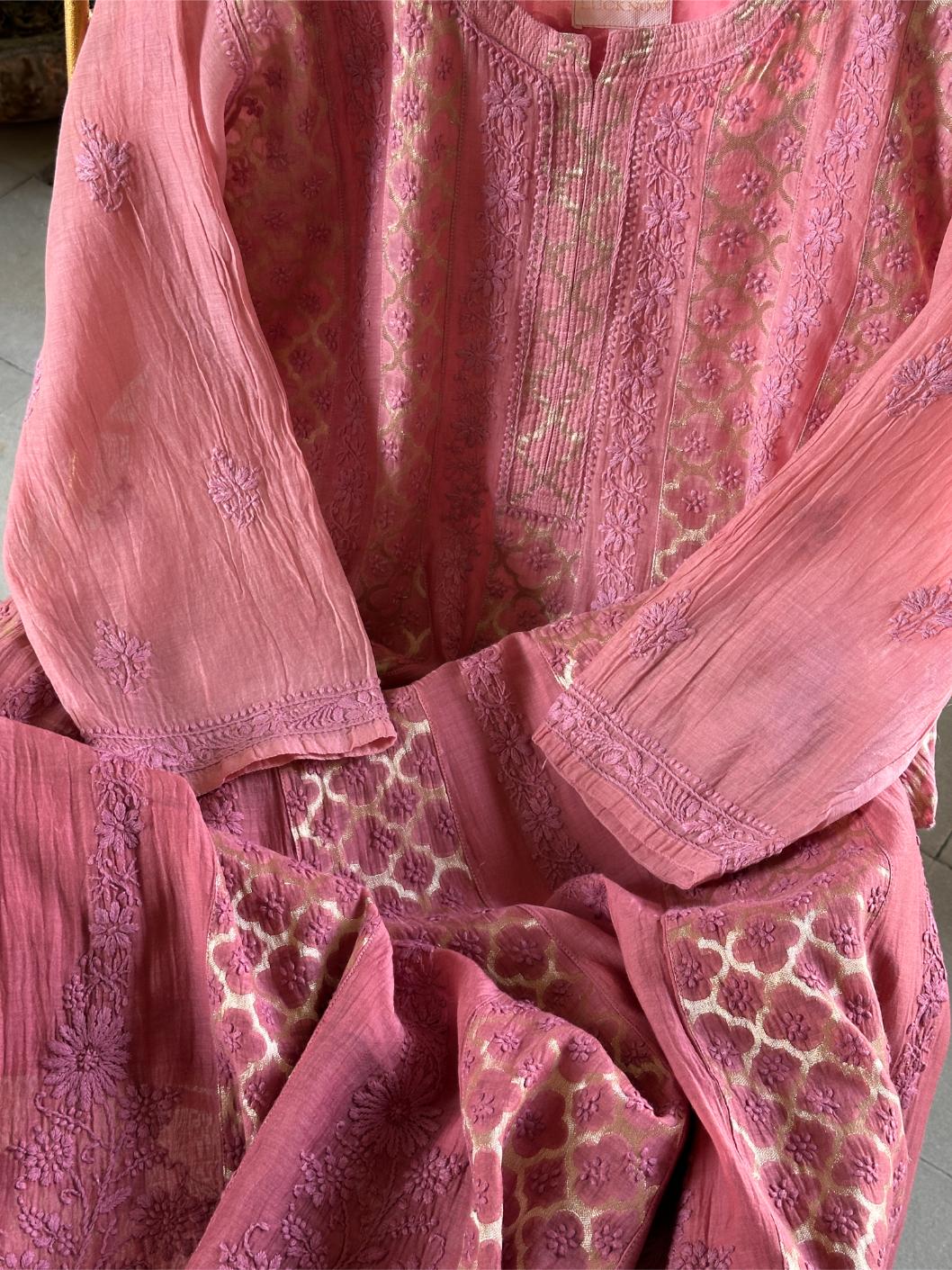 Dusky Rose Shade Zari Chanderi Chikankari Ready to Wear Tunics