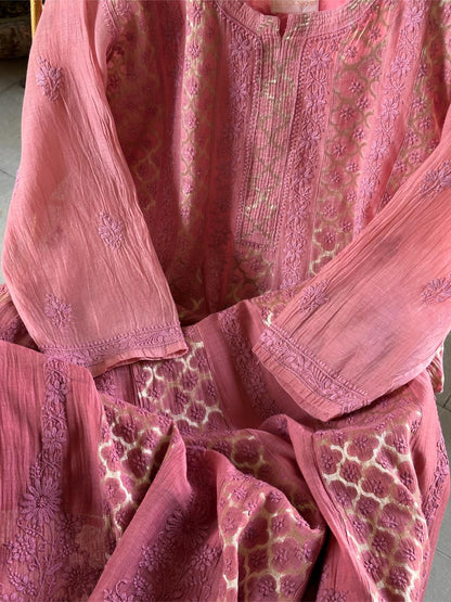 Dusky Rose Shade Zari Chanderi Chikankari Ready to Wear Tunics