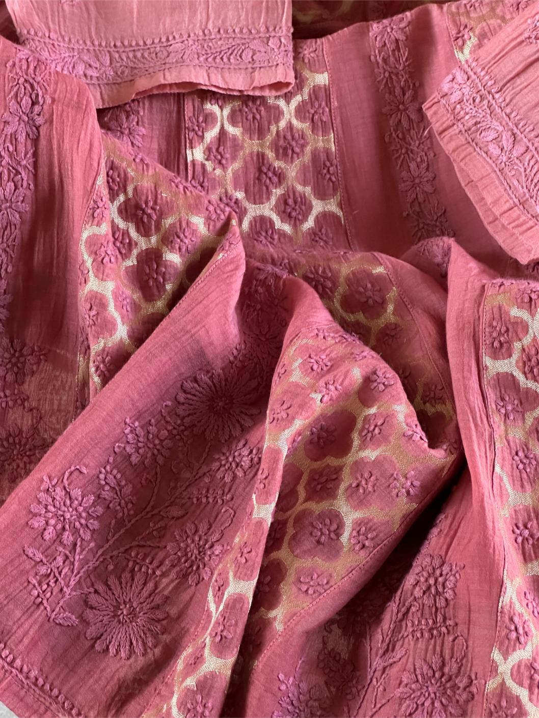 Dusky Rose Shade Zari Chanderi Chikankari Ready to Wear Tunics