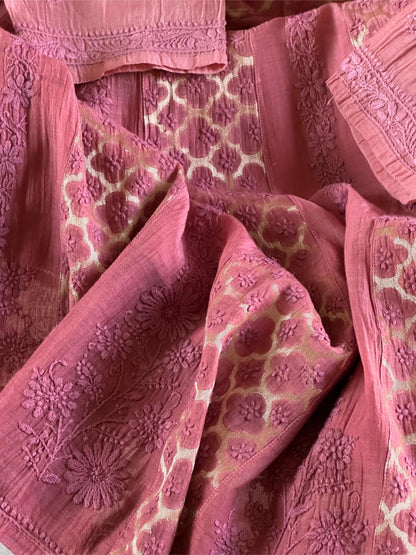 Dusky Rose Shade Zari Chanderi Chikankari Ready to Wear Tunics