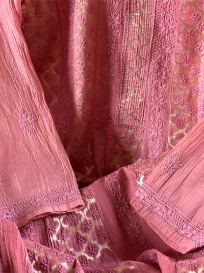 Dusky Rose Shade Zari Chanderi Chikankari Ready to Wear Tunics