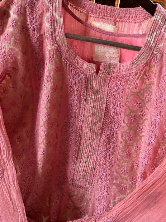 Dusky Rose Shade Zari Chanderi Chikankari Ready to Wear Tunics