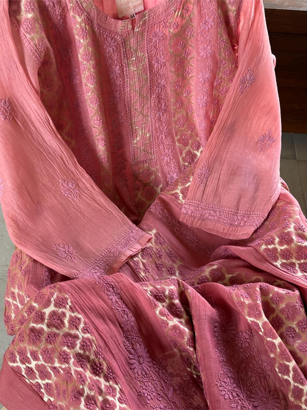 Dusky Rose Shade Zari Chanderi Chikankari Ready to Wear Tunics