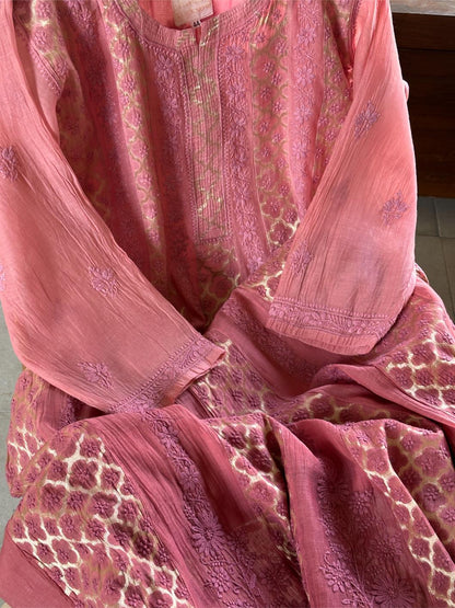Dusky Rose Shade Zari Chanderi Chikankari Ready to Wear Tunics