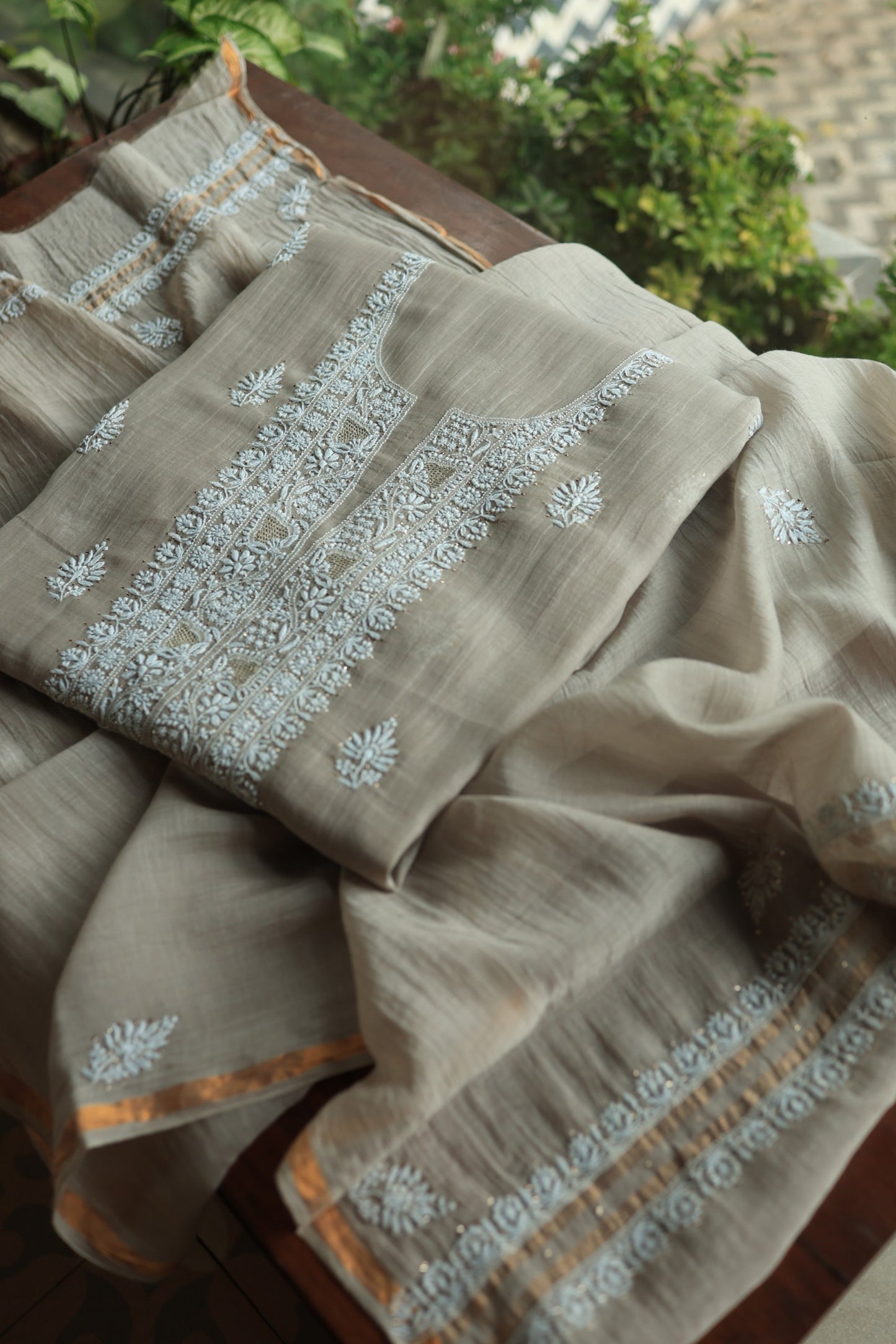Dusty Beige Mal Cotton Chikankari Unstitched Fabrics With Kamdani