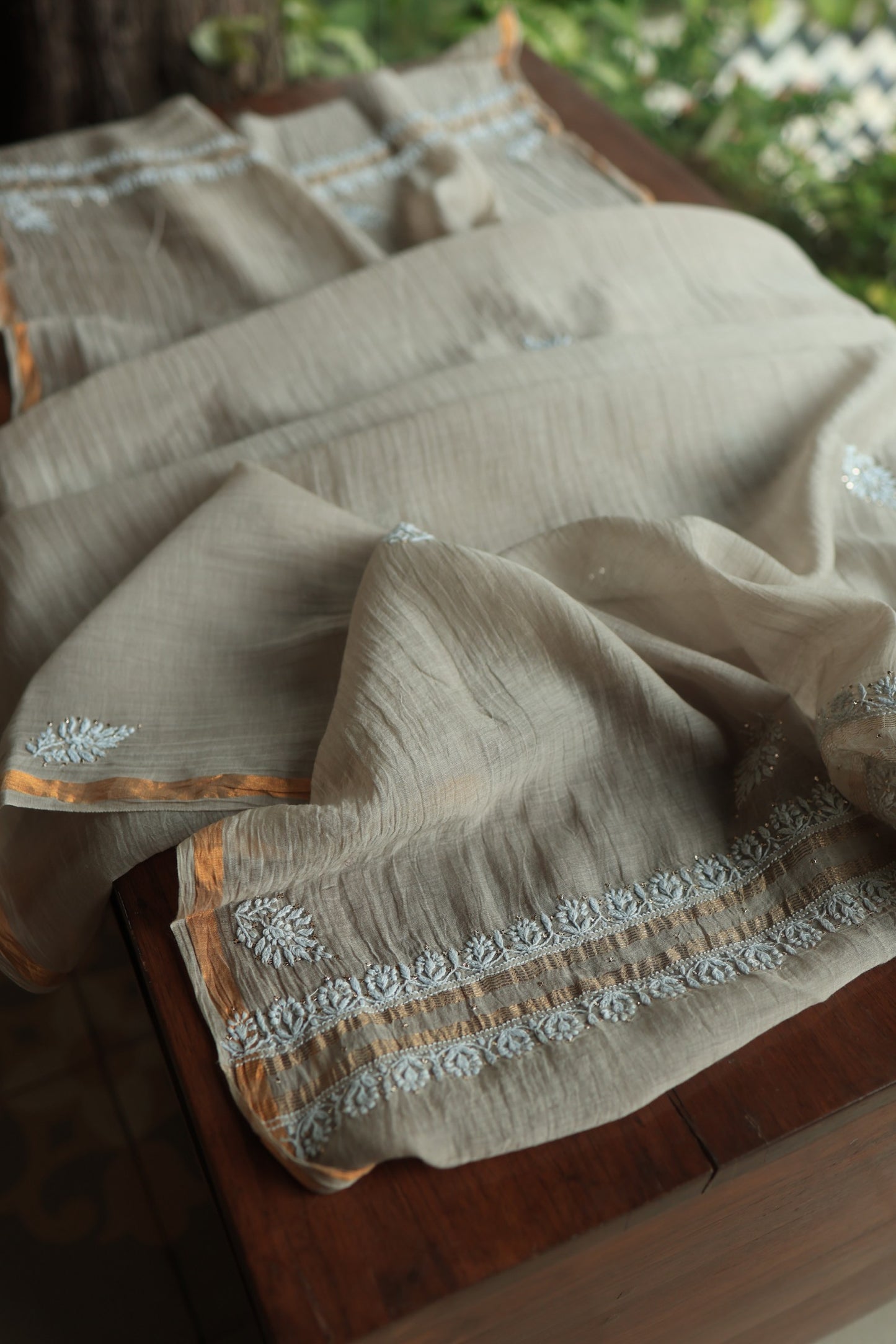 Dusty Beige Mal Cotton Chikankari Unstitched Fabrics With Kamdani