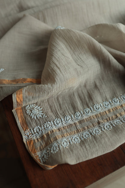 Dusty Beige Mal Cotton Chikankari Unstitched Fabrics With Kamdani