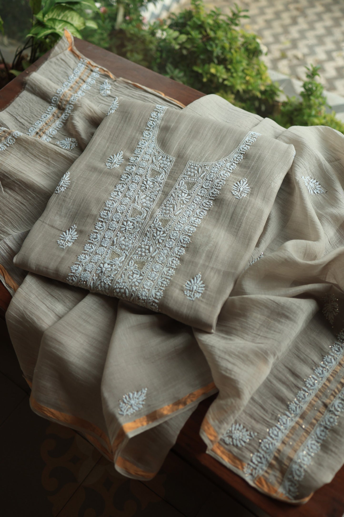 Dusty Beige Mal Cotton Chikankari Unstitched Fabrics With Kamdani