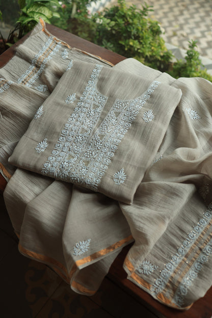 Dusty Beige Mal Cotton Chikankari Unstitched Fabrics With Kamdani