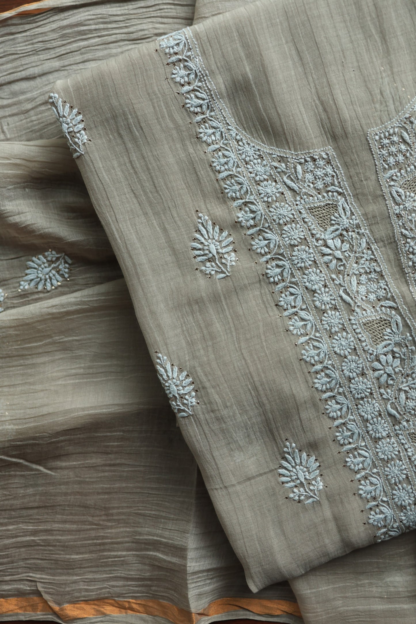 Dusty Beige Mal Cotton Chikankari Unstitched Fabrics With Kamdani