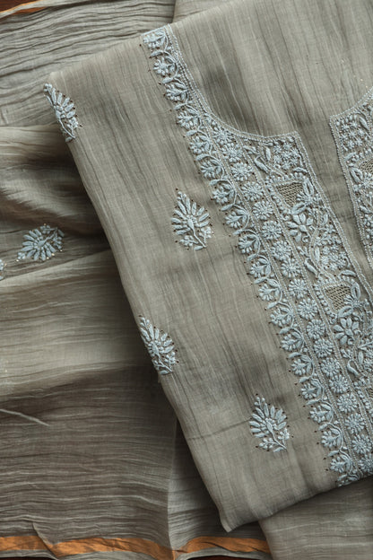 Dusty Beige Mal Cotton Chikankari Unstitched Fabrics With Kamdani