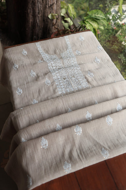 Dusty Beige Mal Cotton Chikankari Unstitched Fabrics With Kamdani
