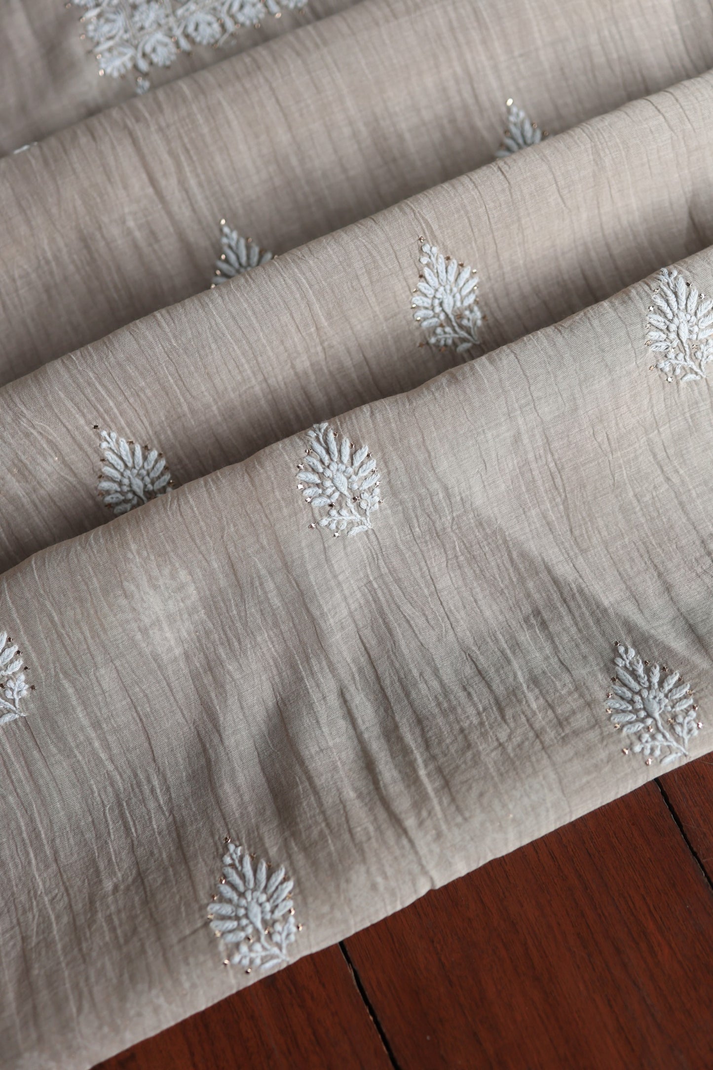 Dusty Beige Mal Cotton Chikankari Unstitched Fabrics With Kamdani