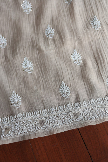 Dusty Beige Mal Cotton Chikankari Unstitched Fabrics With Kamdani