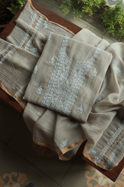 Dusty Beige Mal Cotton Chikankari Unstitched Fabrics With Kamdani