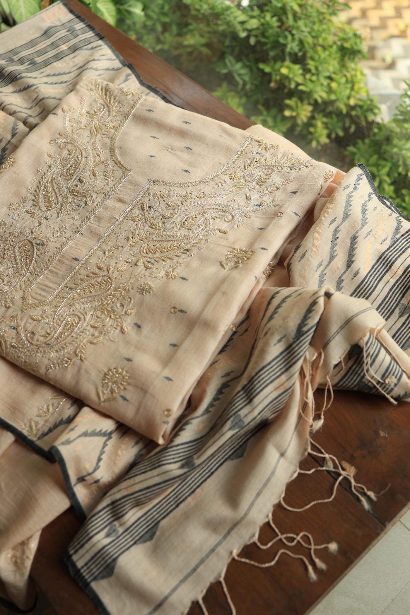 Dusty Beige Shade Jamdani X Chikankari Unstitched Fabric