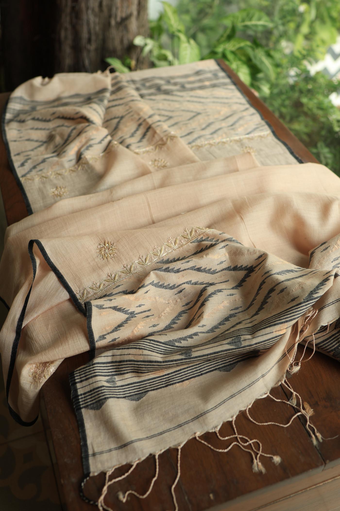 Dusty Beige Shade Jamdani X Chikankari Unstitched Fabric