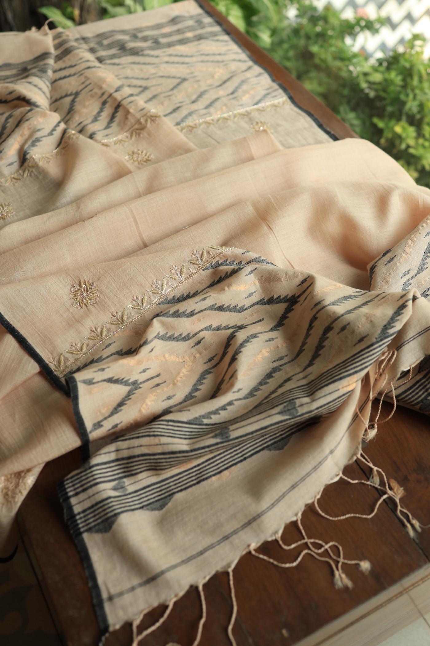 Dusty Beige Shade Jamdani X Chikankari Unstitched Fabric