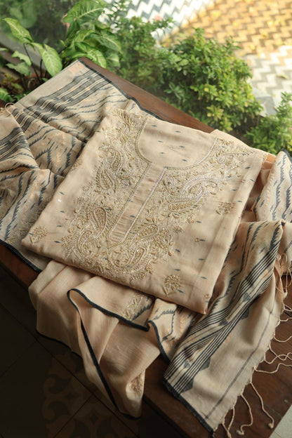 Dusty Beige Shade Jamdani X Chikankari Unstitched Fabric