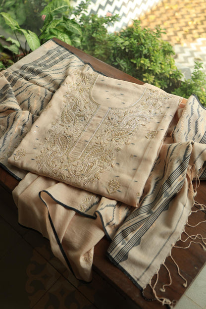Dusty Beige Shade Jamdani X Chikankari Unstitched Fabric