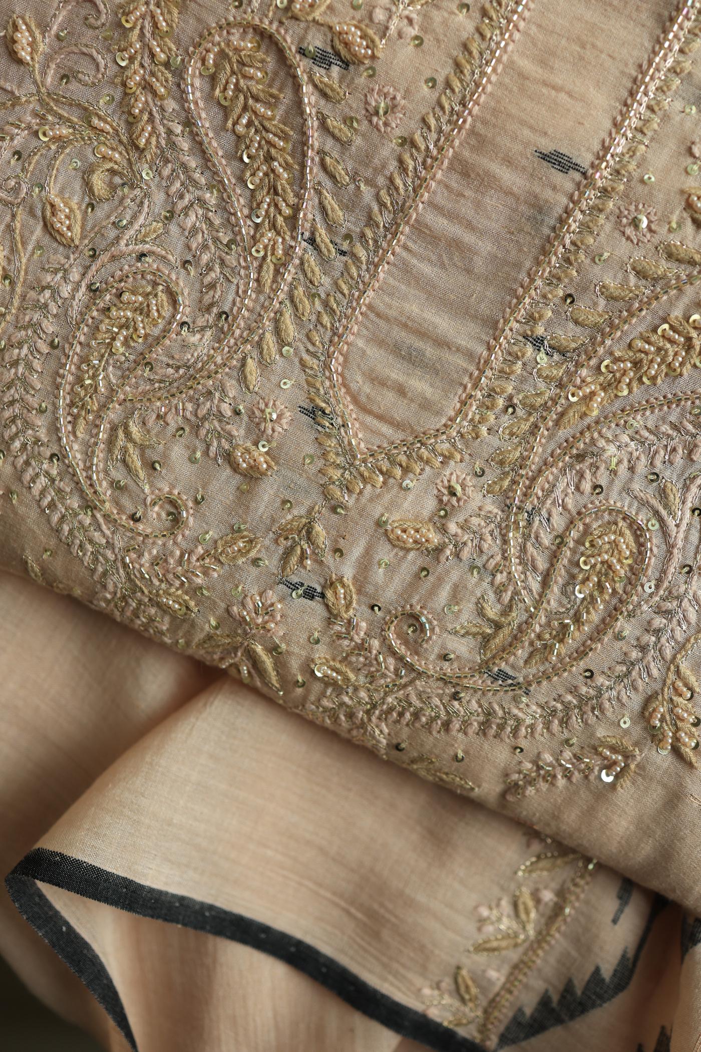 Dusty Beige Shade Jamdani X Chikankari Unstitched Fabric