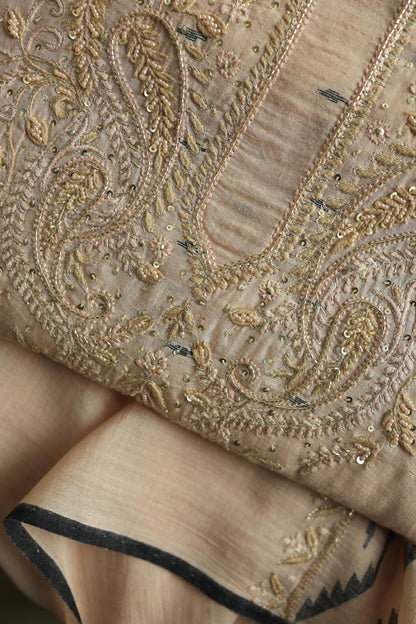 Dusty Beige Shade Jamdani X Chikankari Unstitched Fabric
