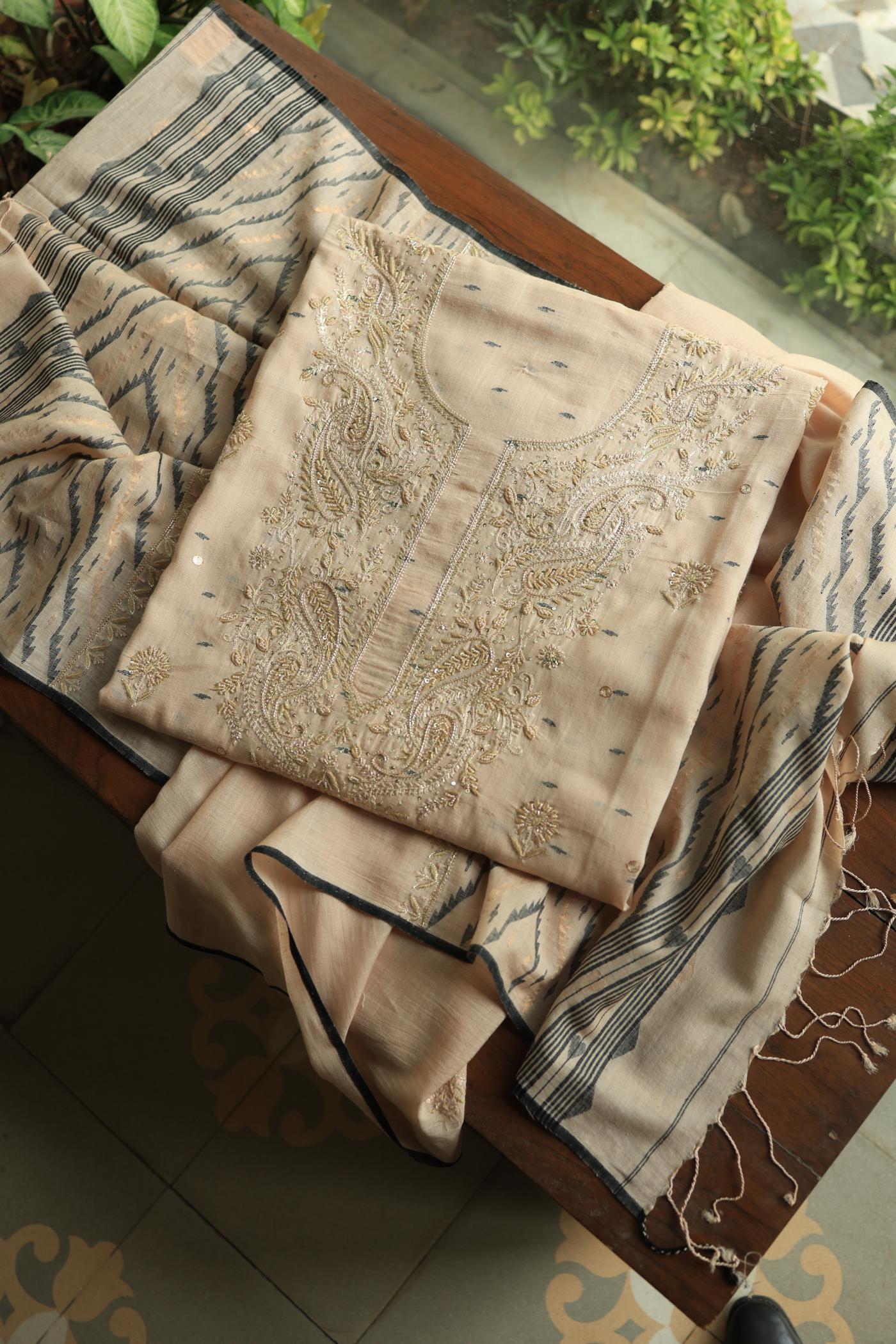 Dusty Beige Shade Jamdani X Chikankari Unstitched Fabric