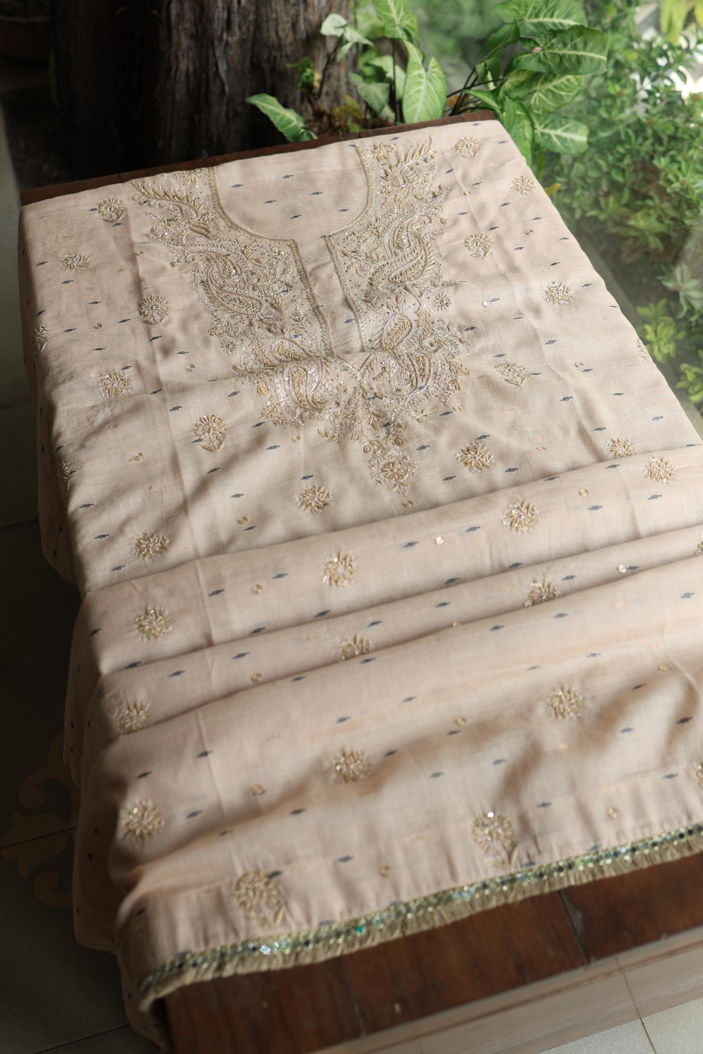 Dusty Beige Shade Jamdani X Chikankari Unstitched Fabric