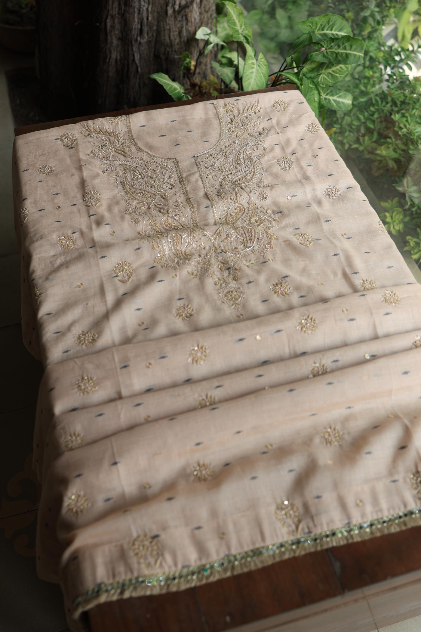 Dusty Beige Shade Jamdani X Chikankari Unstitched Fabric