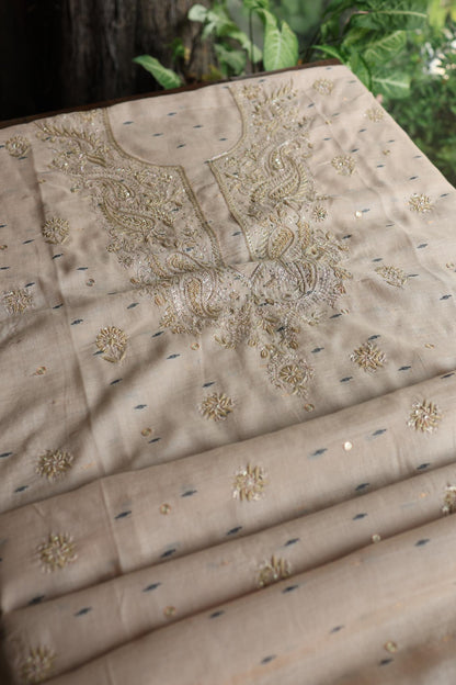 Dusty Beige Shade Jamdani X Chikankari Unstitched Fabric