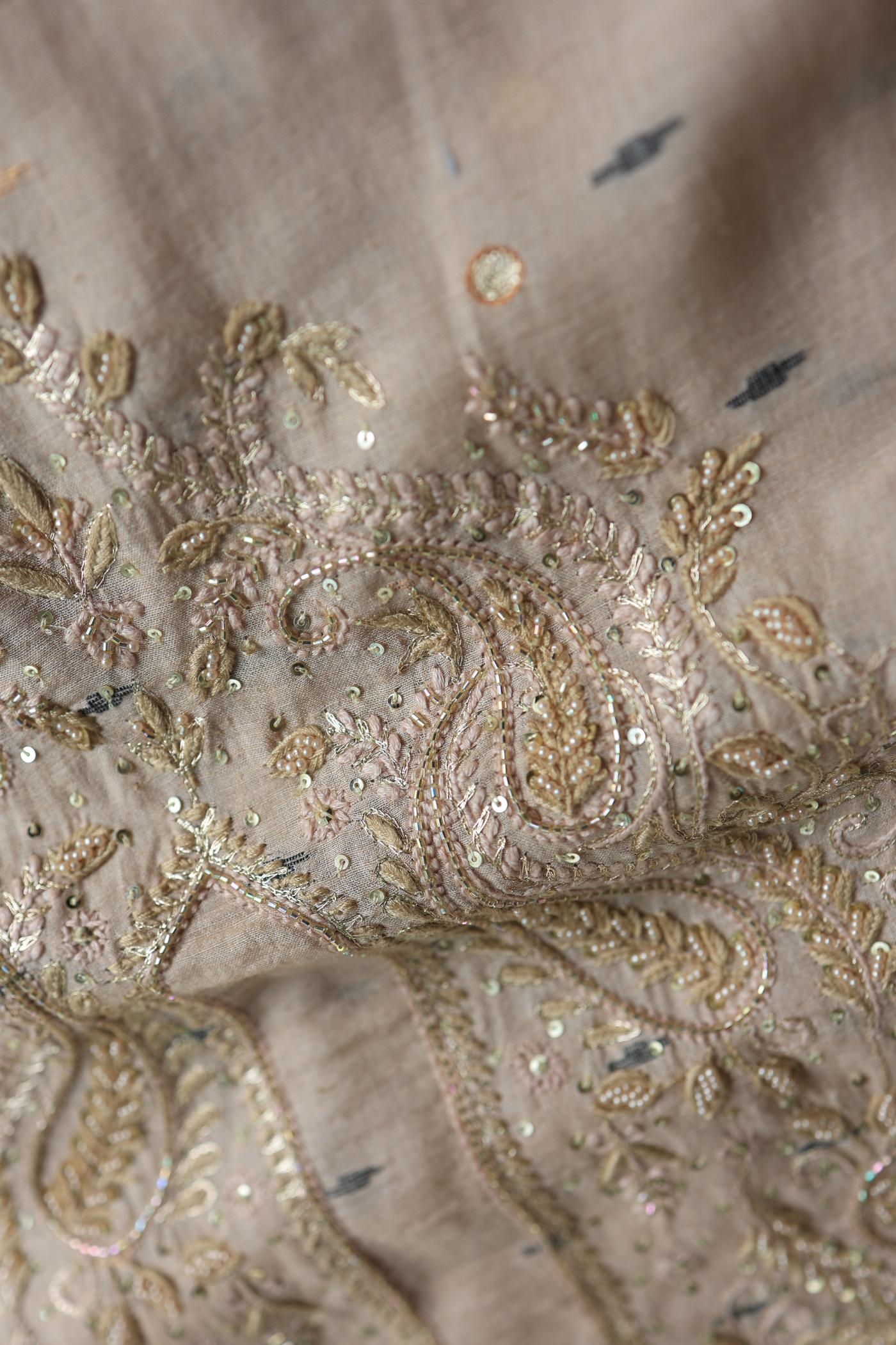 Dusty Beige Shade Jamdani X Chikankari Unstitched Fabric