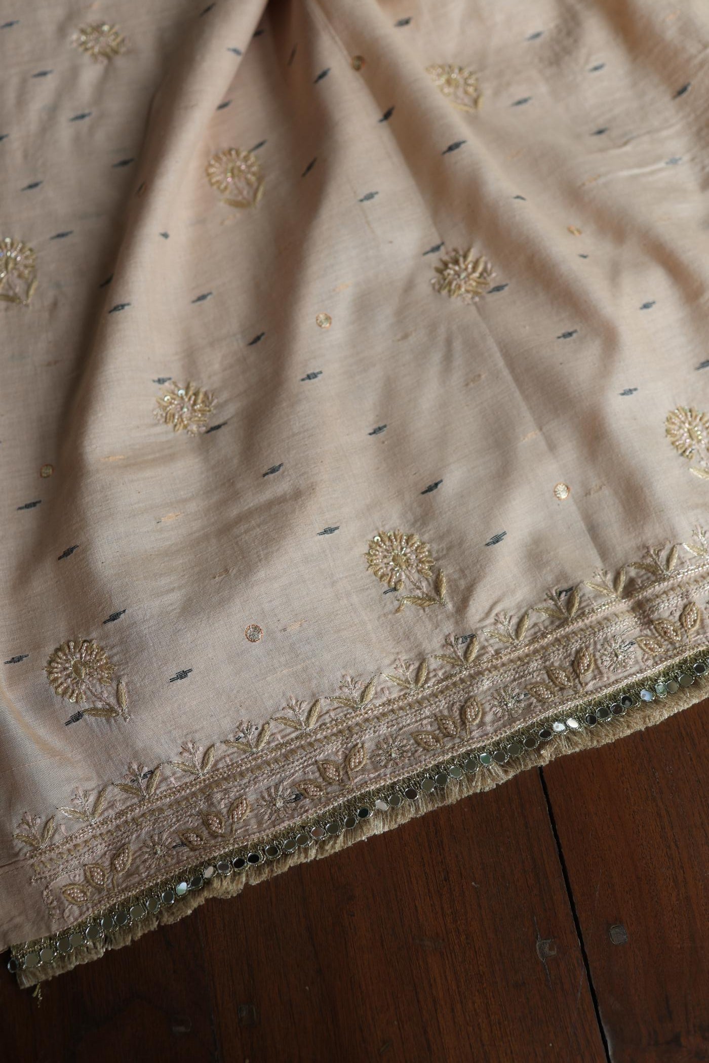 Dusty Beige Shade Jamdani X Chikankari Unstitched Fabric