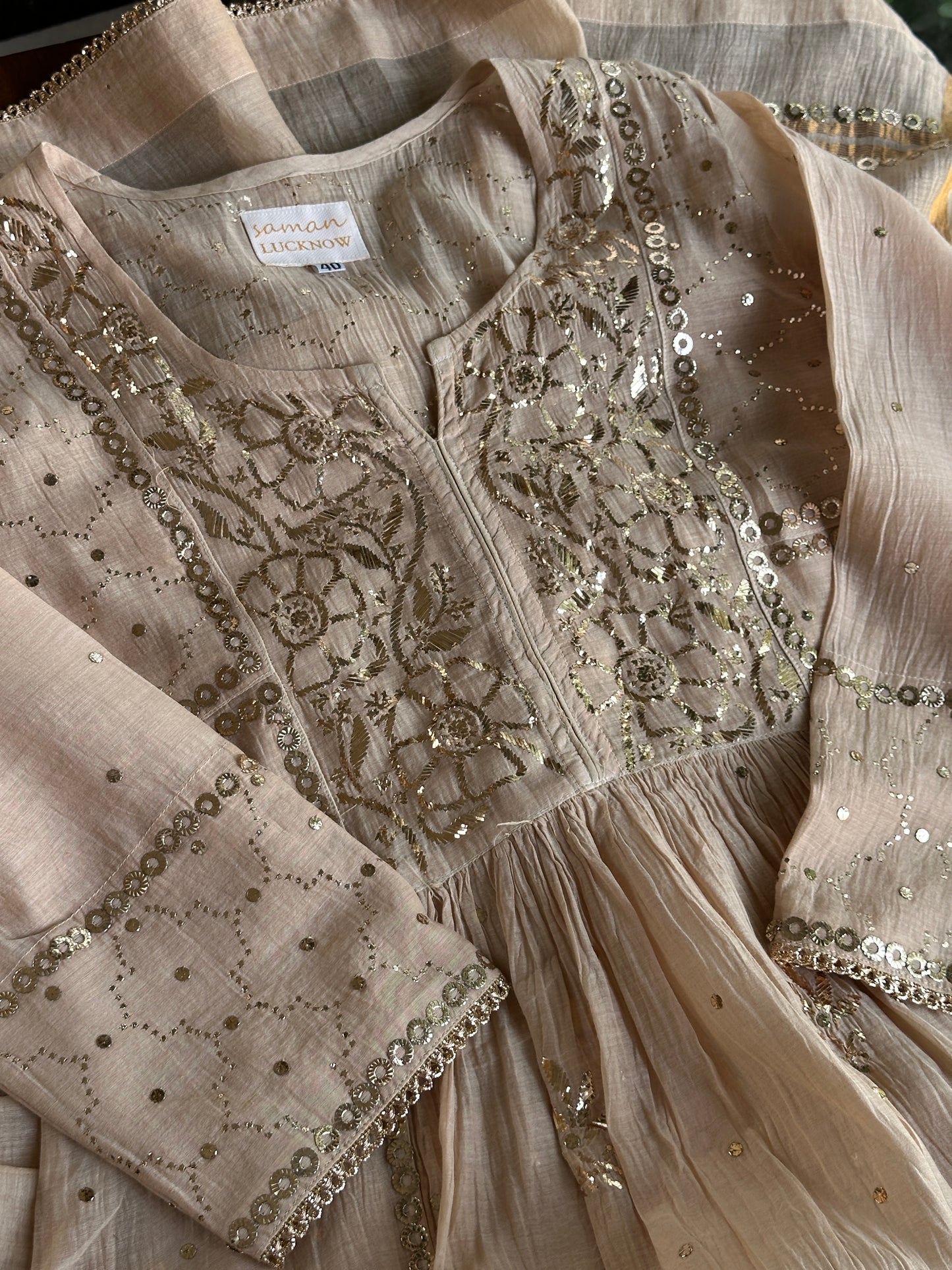Dusty Beige Shade Mukaish Kamdani Mul Chanderi Angarkha