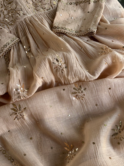 Dusty Beige Shade Mukaish Kamdani Mul Chanderi Angarkha
