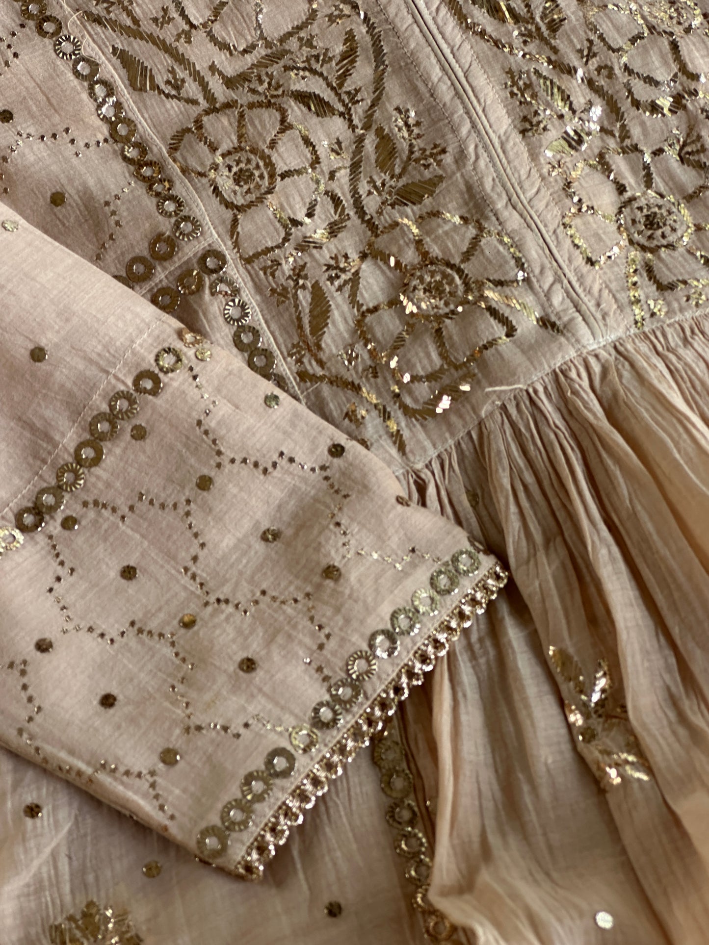 Dusty Beige Shade Mukaish Kamdani Mul Chanderi Angarkha