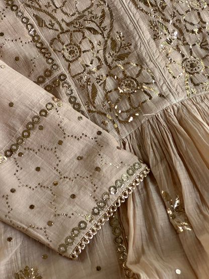 Dusty Beige Shade Mukaish Kamdani Mul Chanderi Angarkha
