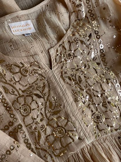 Dusty Beige Shade Mukaish Kamdani Mul Chanderi Angarkha
