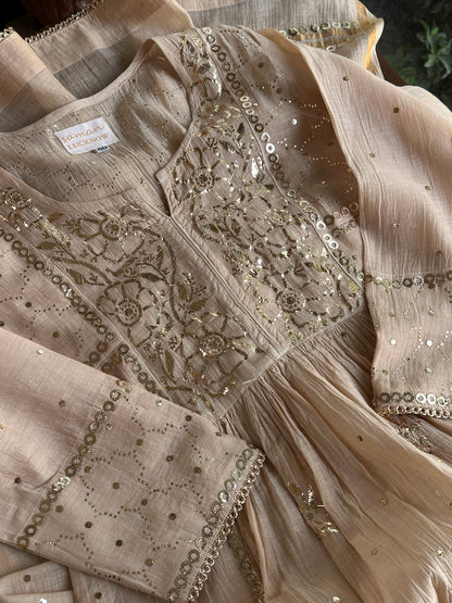 Dusty Beige Shade Mukaish Kamdani Mul Chanderi Angarkha