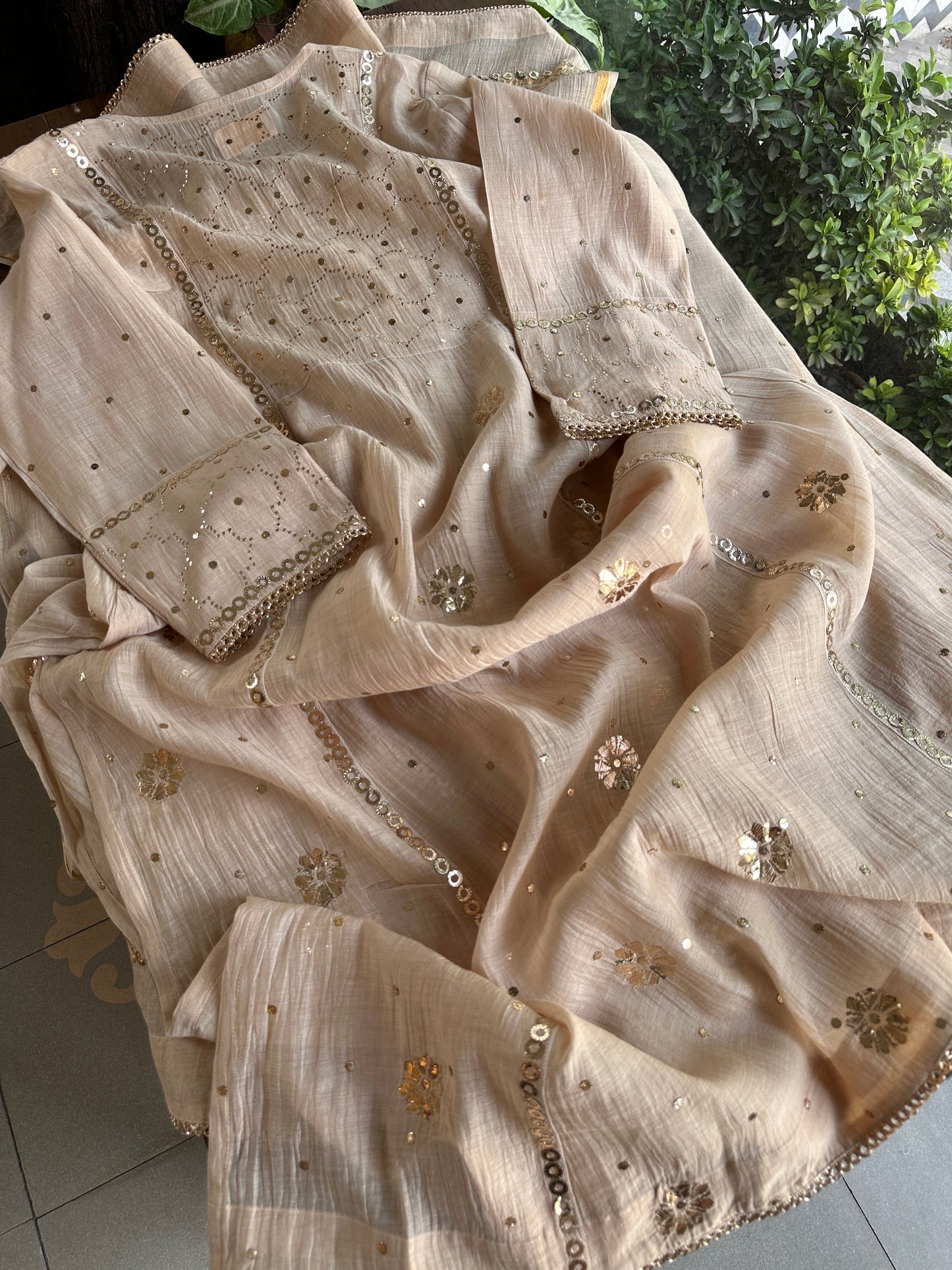 Dusty Beige Shade Mukaish Kamdani Mul Chanderi Angarkha
